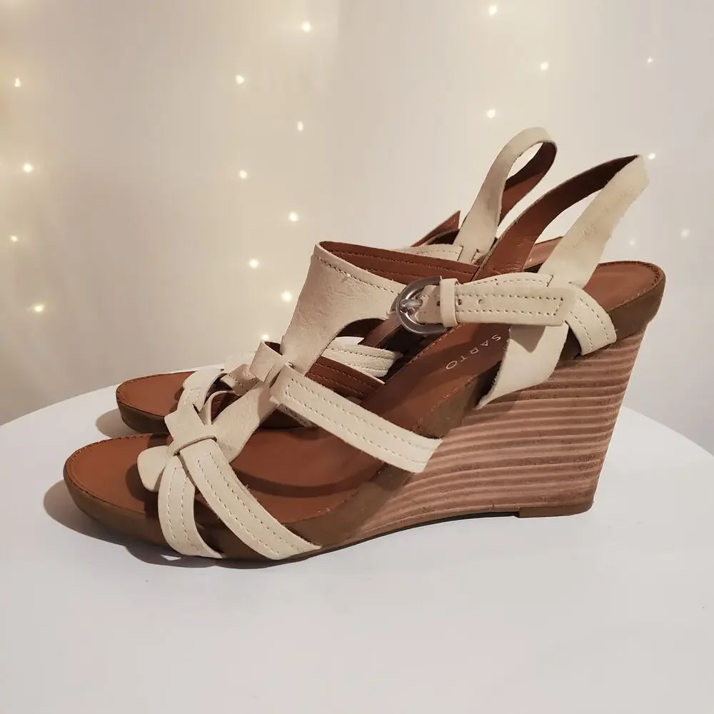 Franco Sarto Honduras Stacked Wedge Open Toe Leather Sandals Womens Size 9 Cream